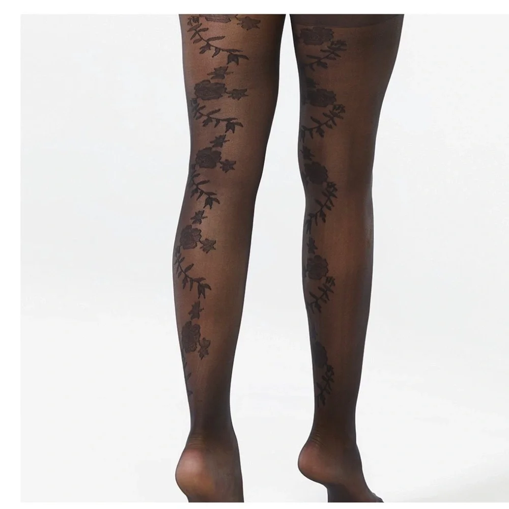 2pk‎ Fun and feminine black floral vine and red Opaque Tights size small new